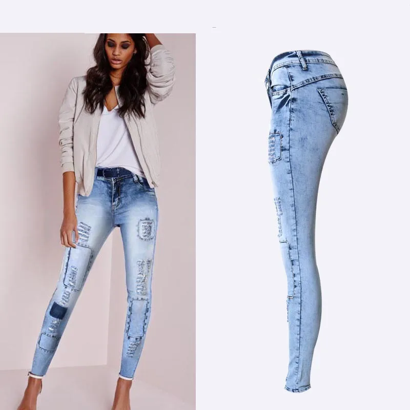 Collant skinny patchwork blu cielo a vita bassa stile estivo Jeans a matita da donna Jeans moda donna push up sexy ad alta elasticità