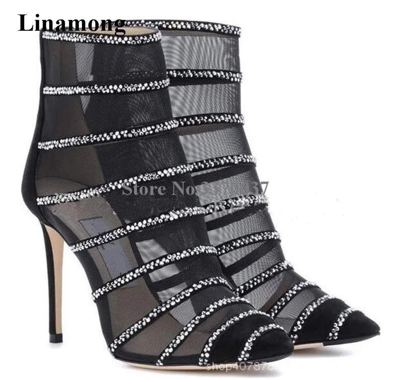 Women Charming Bling Bling Black Suede Leather Mesh Rhinestone Short Boots Back Zipper-up Crystal Thin High Heel Ankle Booties