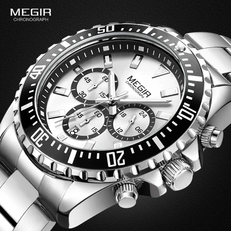 

MEGIR Men's Dress Quartz Watches Fashion Hot Stainless Steel Analogue Chronograph Wrist Watch for Man Lumiinous Hands 2064G-1N7