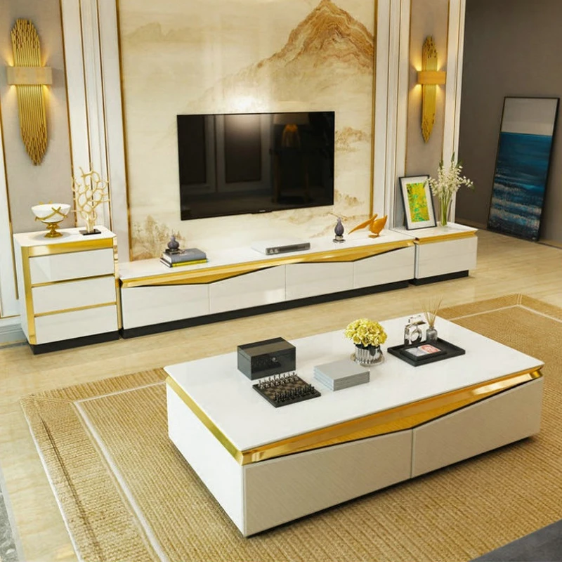 TV Stand modern Living Room TV monitor stand mueble stalinite gold stainless steel cabinet mesa+tv table+Coffee centro Table