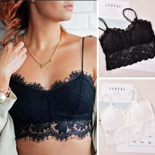 Women Ladies Lace Strappy Eyelash Vest Party Going Out Bralet Padded Bra Crop Tops