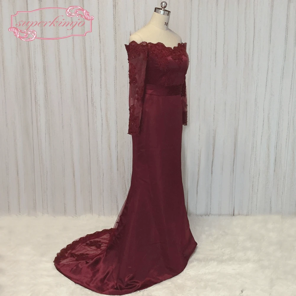 SuperKimJo Vestidos De Fiesta Burgundy Evening Dresses Long Sleeve Lace Applique Beaded Mermaid Modest Formal Party Dresses