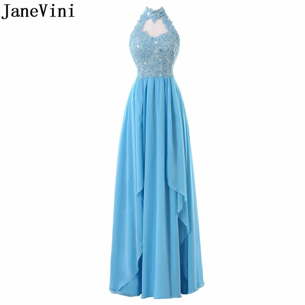 

JaneVini Halter Blue Chiffon Bridesmaid Dresses A Line Lace Appliques Beaded Backless Floor Length Robe De Demoiselle D'honneur