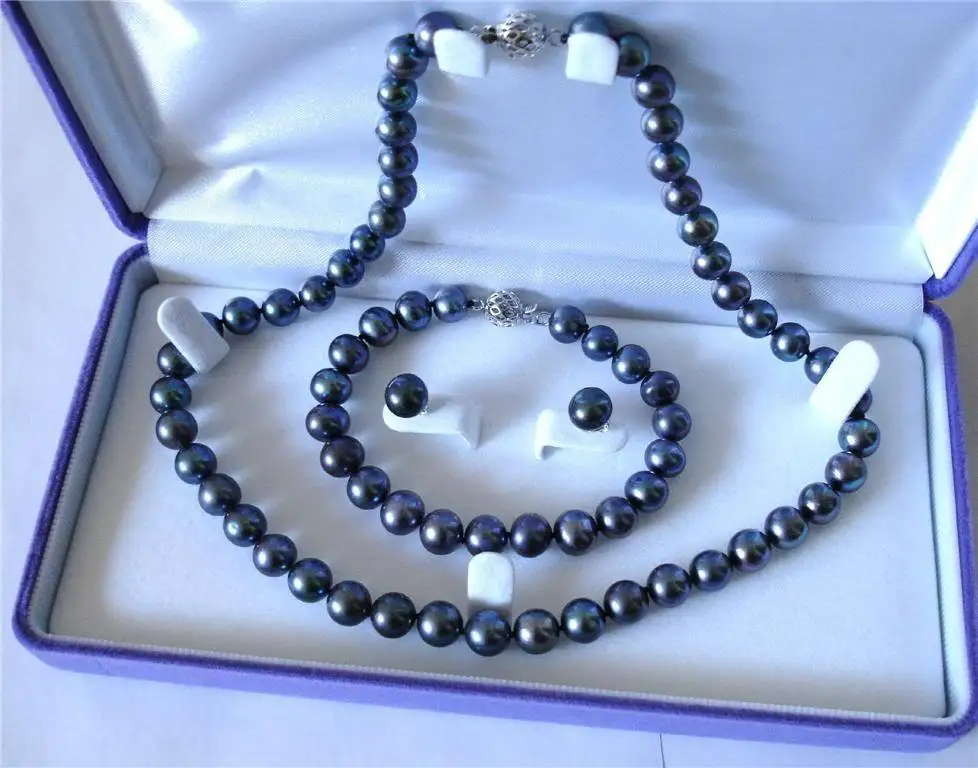 

8-9mm Real Natural Black Akoya Pearl Bracelet Necklace Earrings Set- watch wholesale Quartz stone CZ crystal