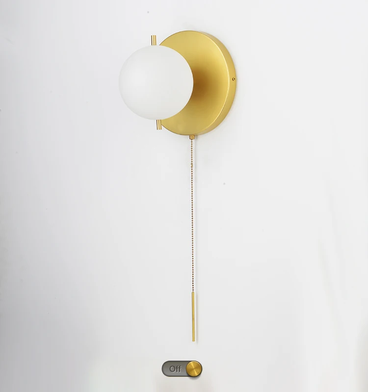 Signalleuchte, minimalistische Wandleuchte, Gold, Kunststil, Designer, Schlafzimmer, Esszimmer, Nachttisch, Flur, Reißverschlussschalter, Glaskugel-Wandleuchte – Detail 2