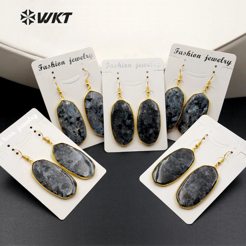 

WT-E349 Wholesale natural black labradorite stone earrings with 24K gold trim fashion rhombus earrings jewelry for women