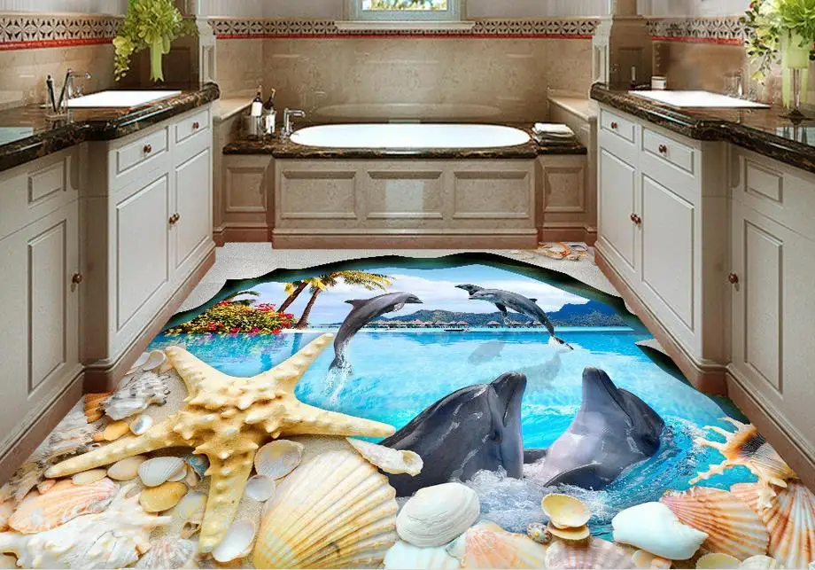 

3D Flooring Shell jump Dolphins 3D Mural Wall papers Home Decor Living room 3D Floor Painting Customize