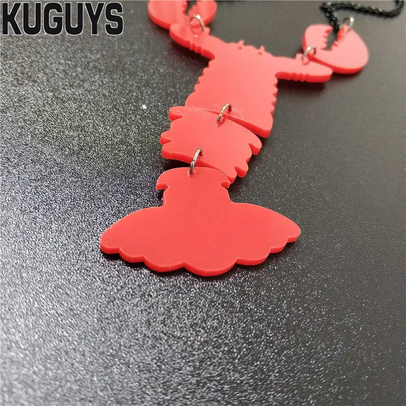 KUGUYS Red Lobster Big Pendant Necklace for Women Men Black Link Chain HipHop Rock Punk Funny Fashion Acrylic Long Jewelry