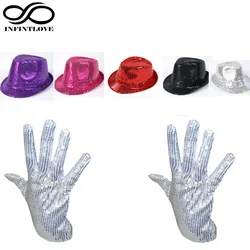 LUCKYLIANJI Men Women Michael Jackson Silver Sequin Glove + Capone Party Trilby Dance Adults  Party Prop Hat Set (One Size:58cm)