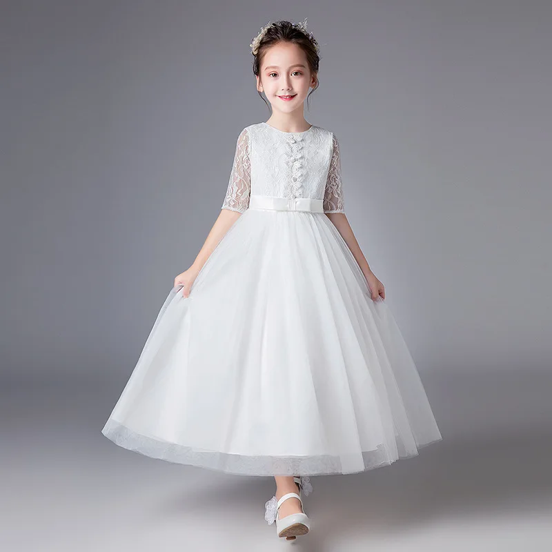 

10 Years Girls Dresses Wedding Half Sleeve Long White Girl Vestido 4 6 8 10 12 14 Years Old Kids Clothes Summer RKF184041