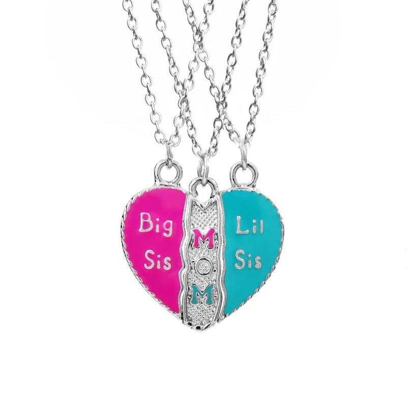 Mother Daughter Necklace Heart Shaped 3 Pieces Mom Big Sis Little Sis Necklace Set for Mother's Day Two Girls Jewelry Gift