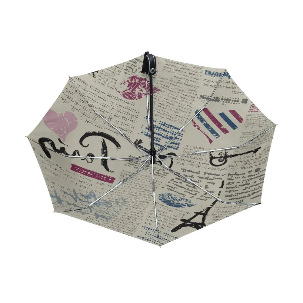 High Quality Fully Automatic Women Umbrella Fashion Newspaper Eiffel Tower Pattern Umbrellas Folding Rain Umbrella