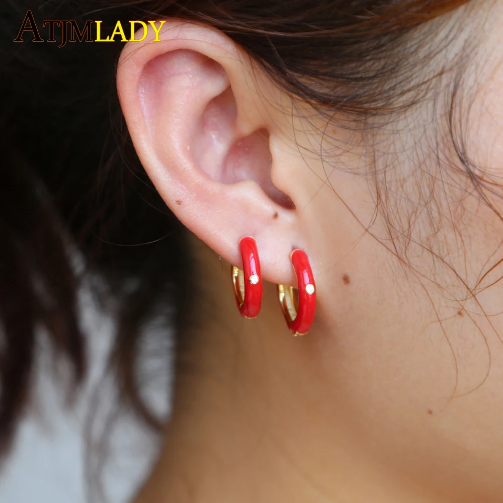 Luxury Hoop Earrings For Women Red Enamel Paved Setting AAA Cubic Zircon Gold-color Party Earring delicate Jewelry top quality