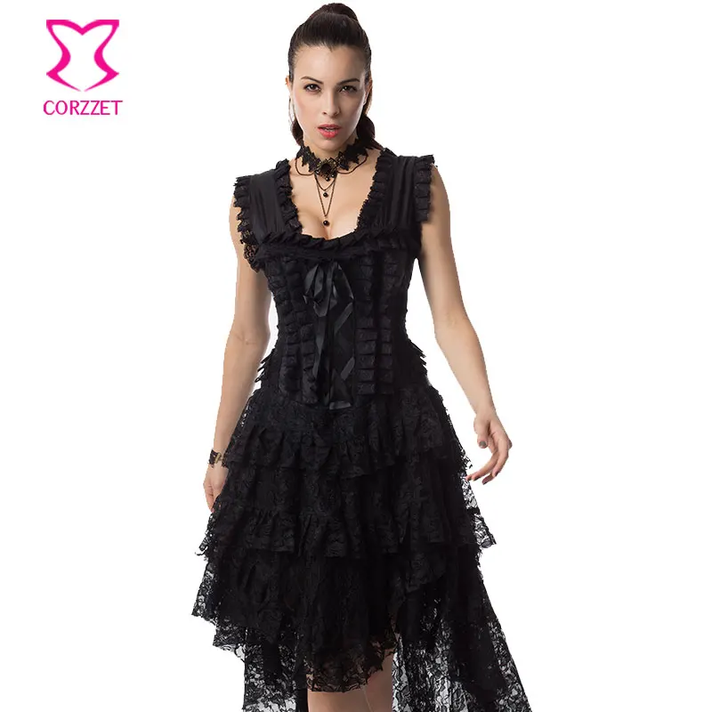 

Black Floral Lace Gothic Corset Dress Victorian Corsets And Bustiers Steampunk Clothing Swallowtail Sexy Dress Burlesque Costume