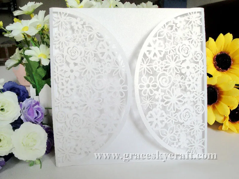 30pcs free shipping New pearlescent laser cut Lace flower design wedding invitation cards text customized party invitation