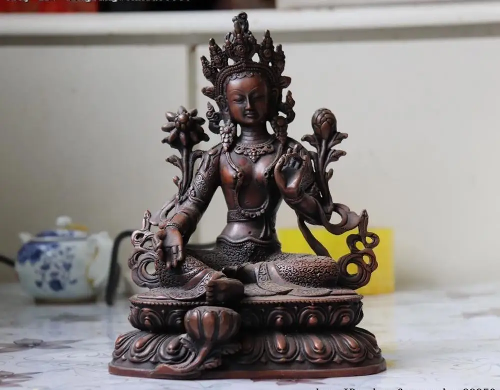 Tibet Buddhism Copper Kwan-Yin GuanYin Bodhisattva Green TaRa Goddess Statue