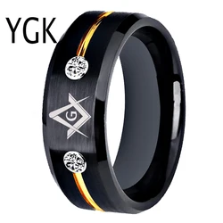 Tungsten Carbide Rings Vacuum Plating Black Golden Line Rings With White Stones Mason Masonic Tungsten Ring Anniversary Gift