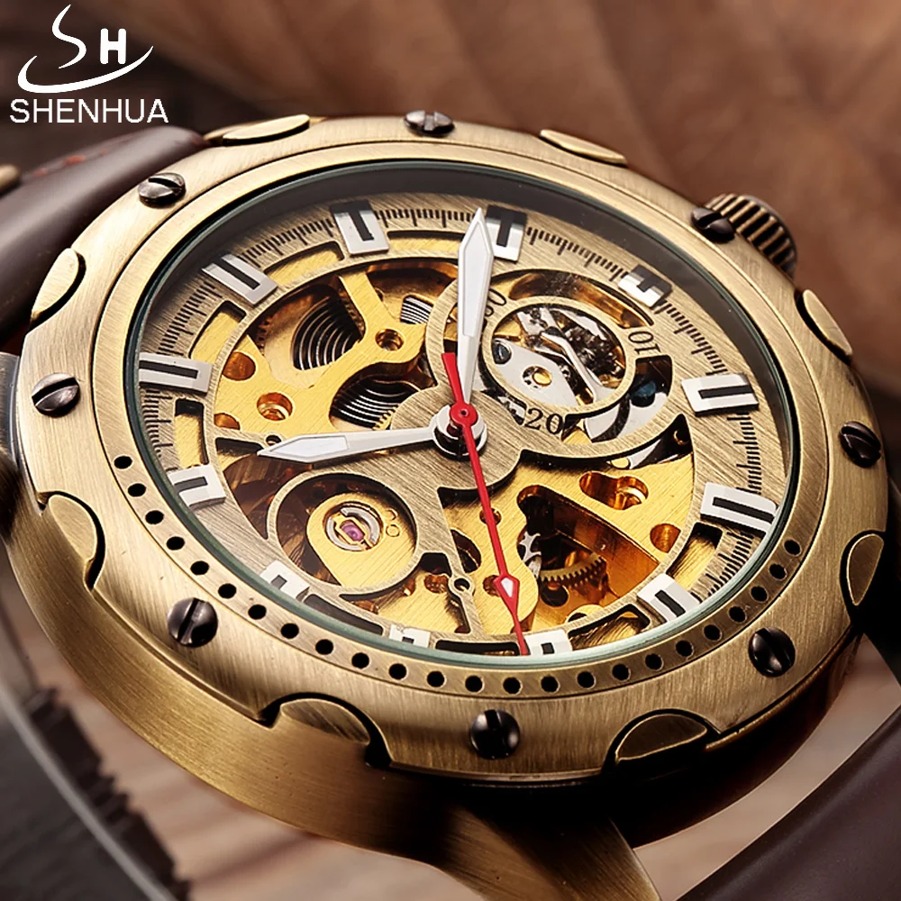 

SHENHUA Retro Bronze Skeleton Mechanical Watch Men Automatic Watches Sport Luxury Top Brand Leather Watch Relogio Masculino