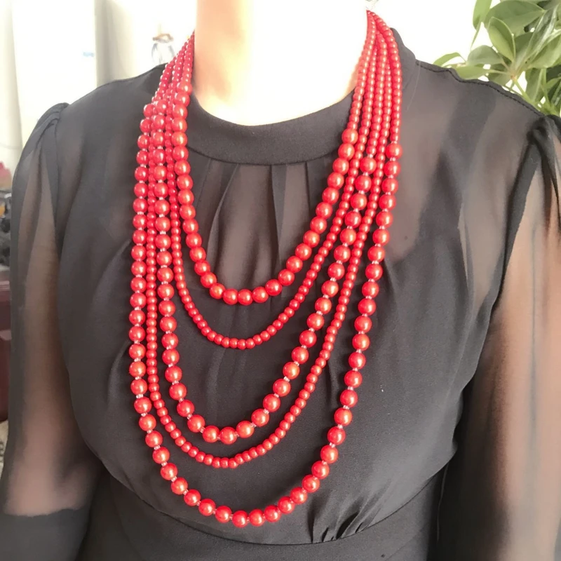 New Five Layers Marble Natural Stone Collar Statement Chunky Red Necklace