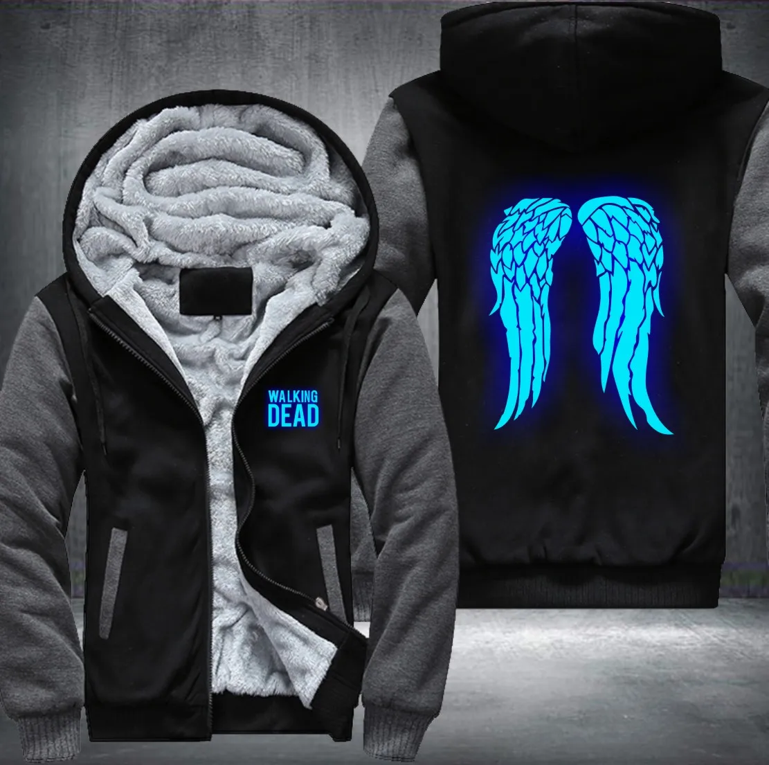 New The Walking Dead Luminous blue Hoodie Zombie Daryl Dixon Wings Winter Fleece Mens Sweatshirts USA Size