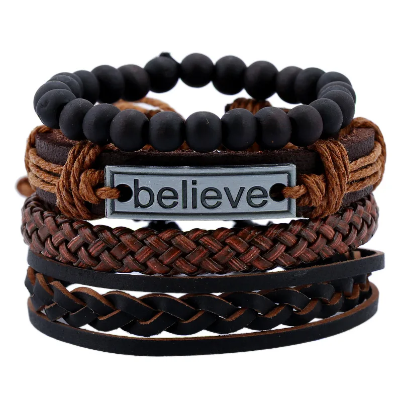 4pcs/ Set Black Believe Bracelets for Men Bangle Adjustable Length Bohemia Holiday Male Jewelry Punk