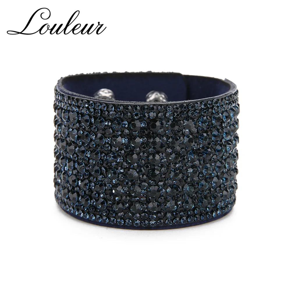 Louleur Wide Leather Crystal Bracelets & Bangles For Women Girls Handmade Female Charms Cuff Bracelet Wristband Party Jewelry