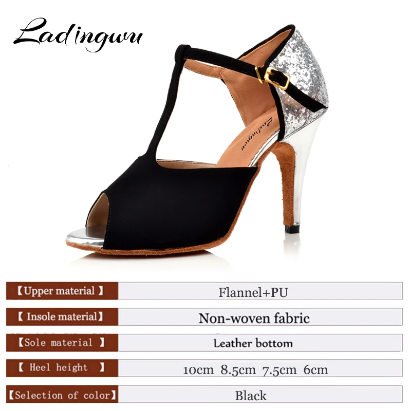 Ladingwu Dance Shoes Latin Women Black Flannel and Silver Glitter Ballroom Dance Shoes Salsa Woman sandals for dance Heels 10cm