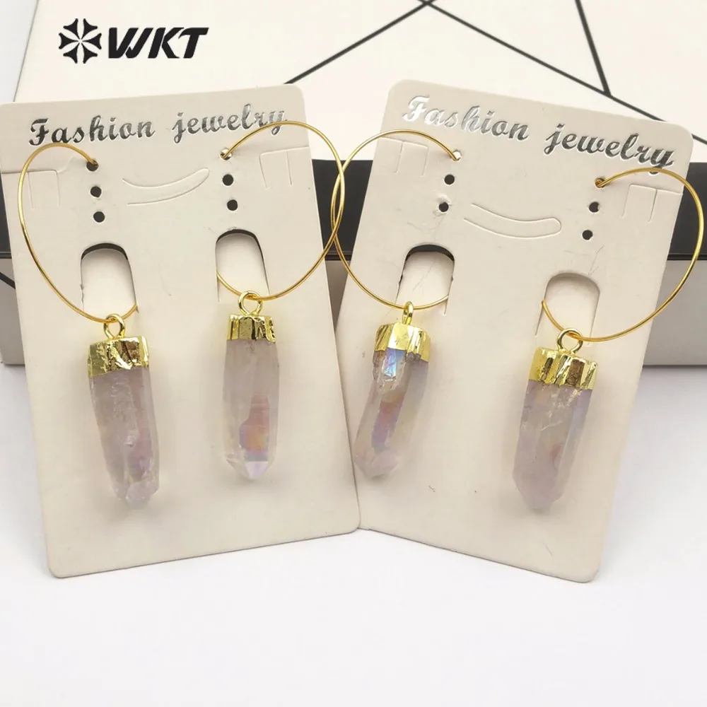 

WT-E493 WKT New natural Aura quartz dangling earring vintage gold circle with colorful six-sided column quartz pendant earrings