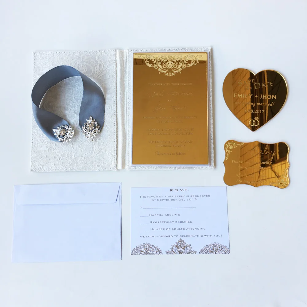 115x175mm Beautiful Golden Mirror Acrylic Rectangle Shape Wedding Invitation Card 100 Sets Per Lot