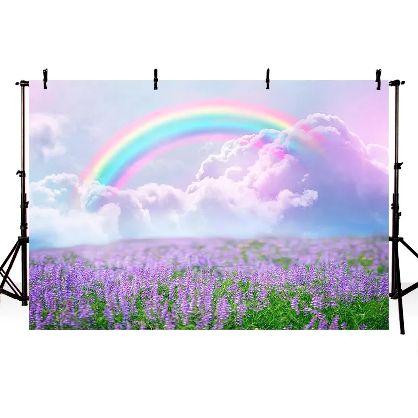 Beautiful Lavender Field Rainbow Backdrop Thick Clouds Newborn Baby Photography Props Kids Birthday Party Photo Booth Background