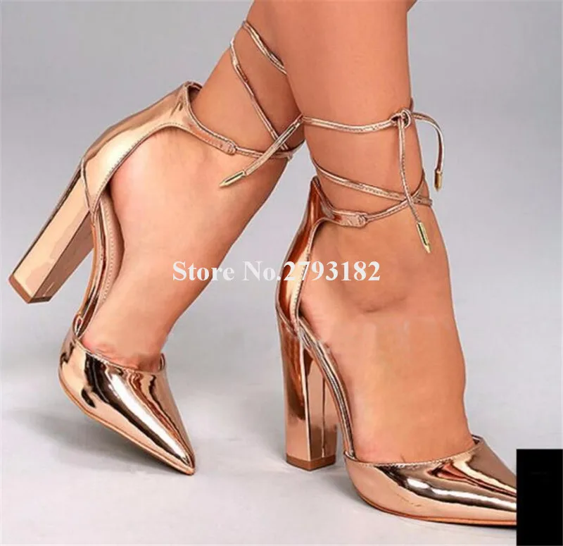 New Fashion Women Charming Pointed Toe Gold Patent Leather Chunky Heel Pumps Lace-up Thick High Heels Formal Dress Shoes