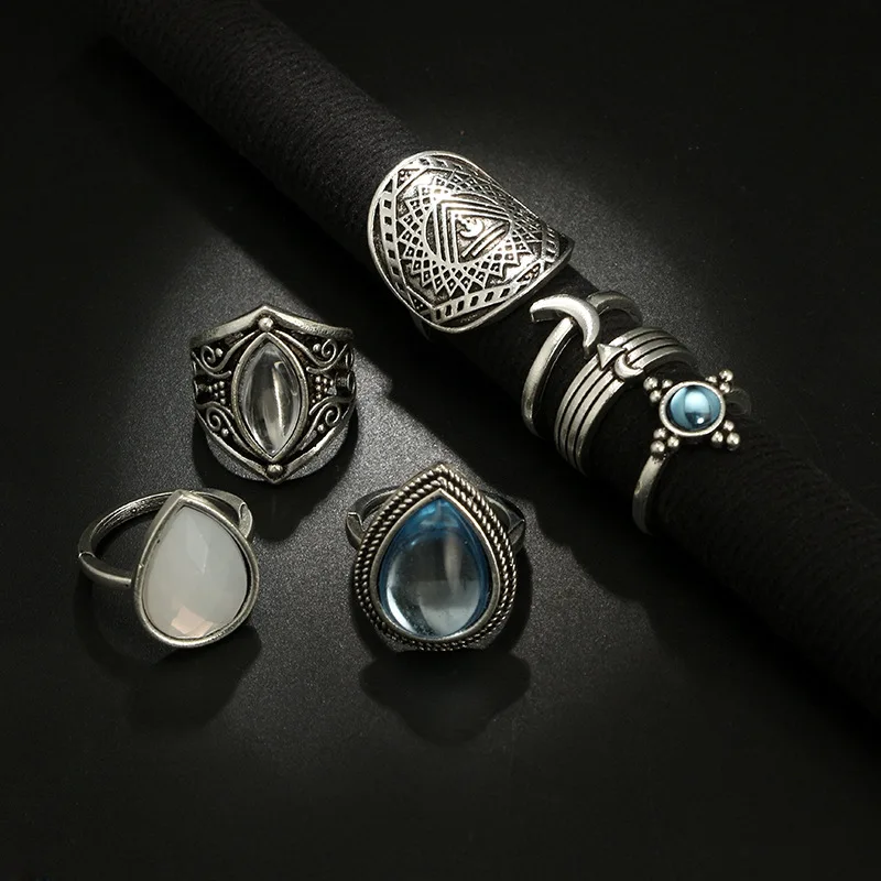 DIEZI Vintage Bohemia Ring Set light Blue Water Drop Midi Joint Rings Women Boho Jewelry Gypsy Knuckle Silver Color Ring