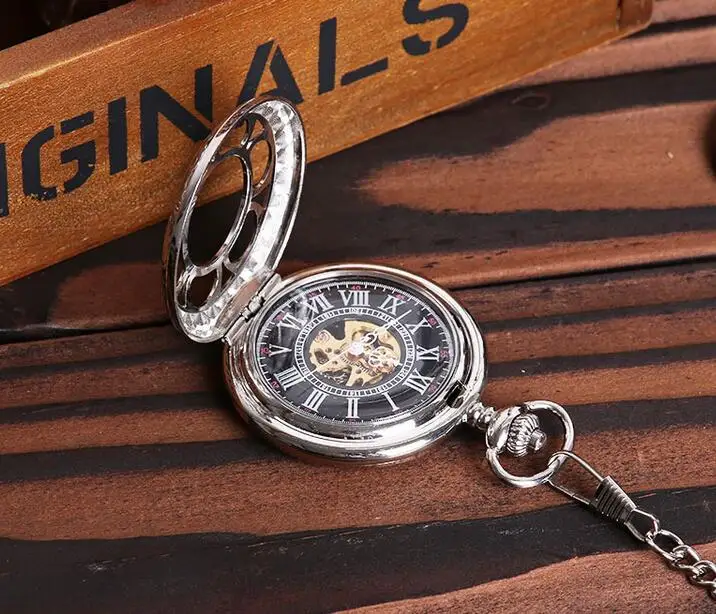 Mechanical pocket watch silver Hollow petals Brown Roman numerals FOB chain men watches gift