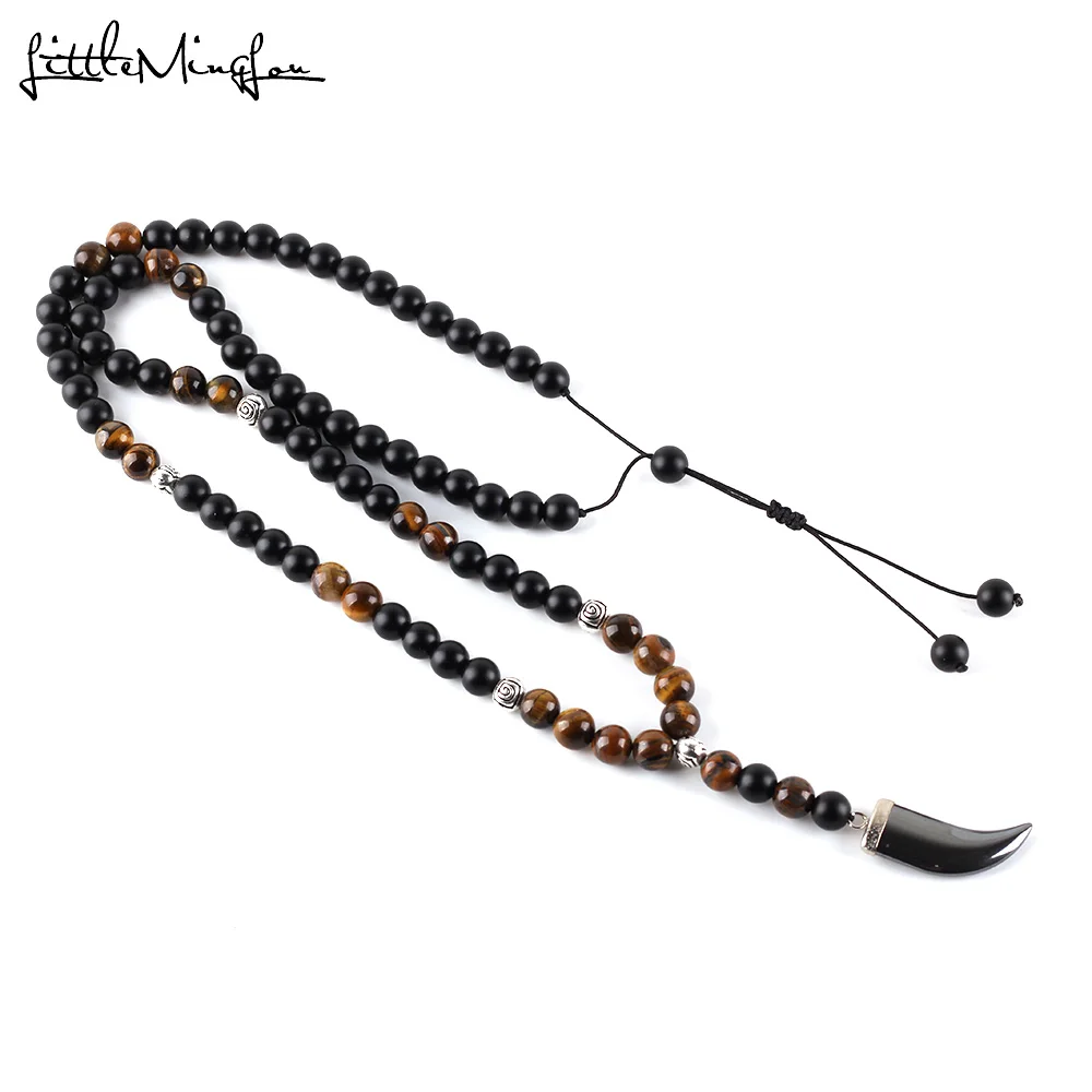 2019 Luxury Long Necklace Tiger Eye Natural Stone Beads Men's Black Hematite Horn Tooth Pendants Necklace Geometry Jewelry Gift