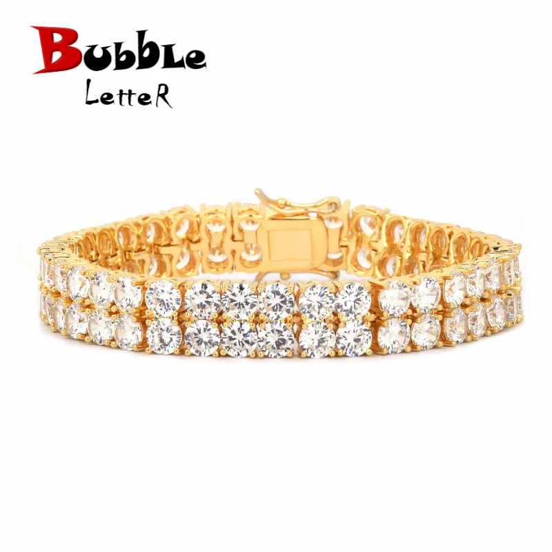 Bubble Letter Mens Zircon Tennis Bracelet Chain Charm Hip Hop Style Fashion Jewelry Iced Finish 2 Row Gold Color Tone AAA CZ  8\