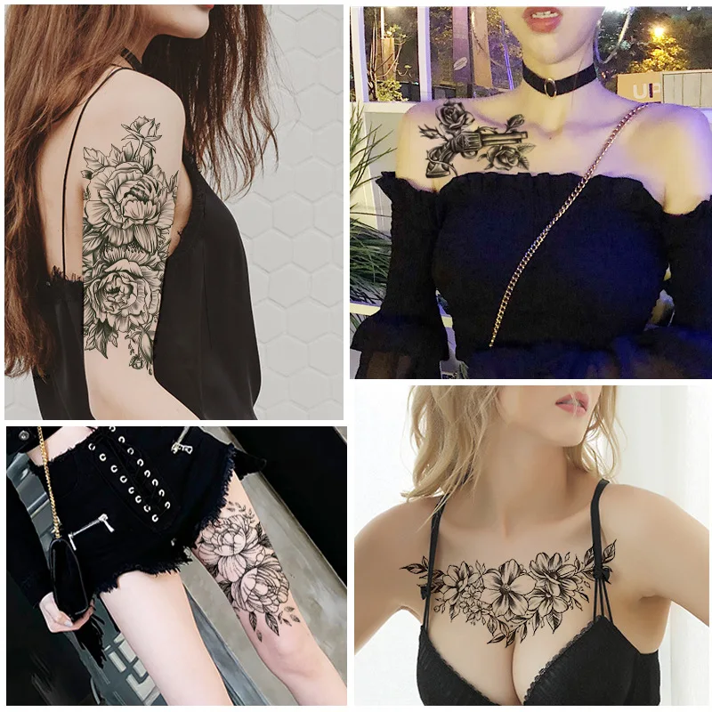 Waterproof Temporary Tattoo Sticker Lotus Rose Pattern Water Transfer Under Breast Shoulder Flower Body Art Fake Tatoo