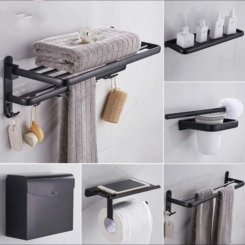 

Black Bathroom Accessories Set Space Aluminum Bath Hardware Sets Towel Rack,Paper holder Toilet Brush Holder Robe Hooks