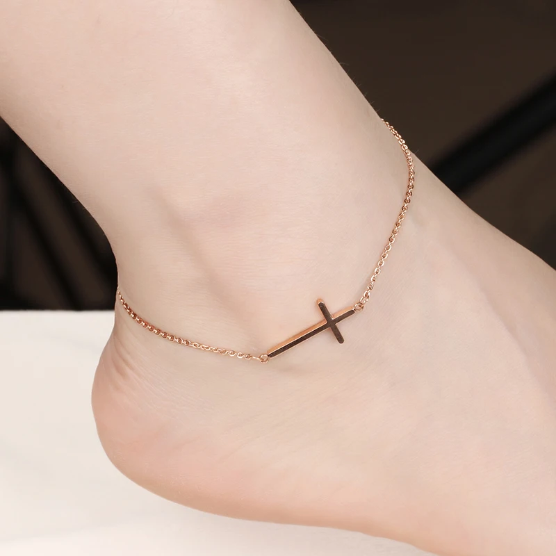 Cross Anklet for Women Men 18KGP Rose Gold Color Classic Titanium Steel Jewelry Fashion Foot Chain Gift (GA118)