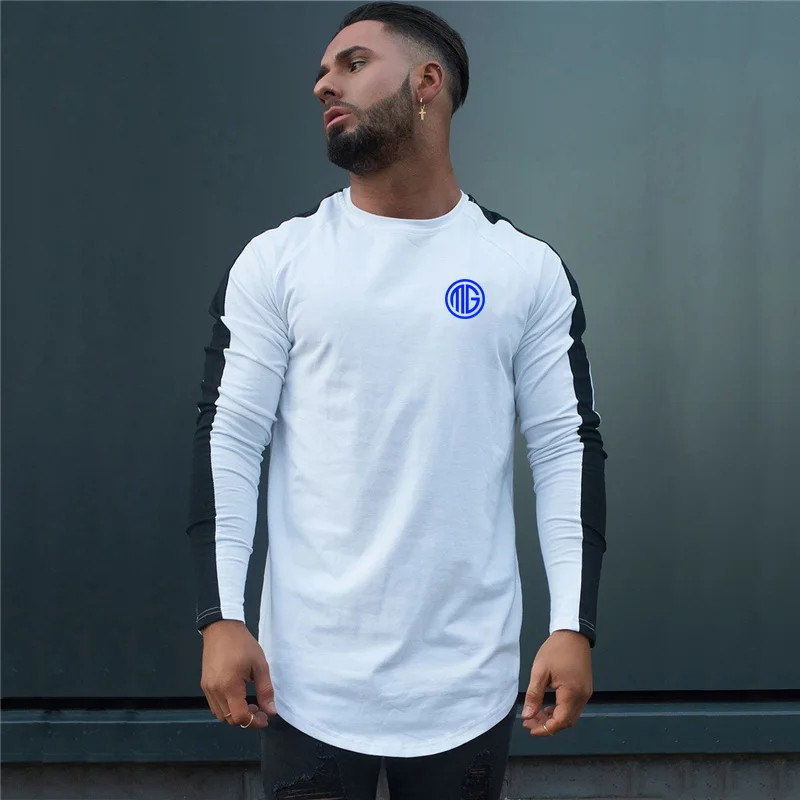 Muscleguys 2023 Spring Long Sleeve T Shirts Men Casual Slim Fit Letters Printed Fashion Patchwork Cotton Male Tops Pullover