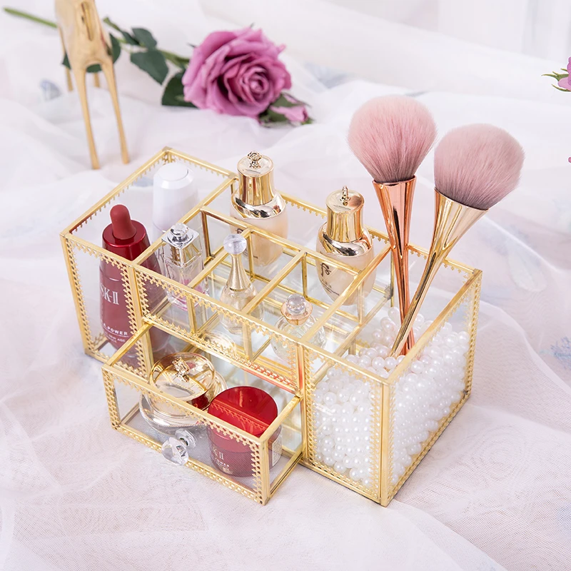 European Net Red Nail Beauty Salon Cosmetics Brush Tube Glass Desktop Racks, Skin Care Products Storage Box