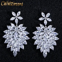 CWWZircons 2022 Luxury Wedding Bridal Accessories White Flower 5A Cubic Zirconia Long Big Drop Earrings for Brides CZ051