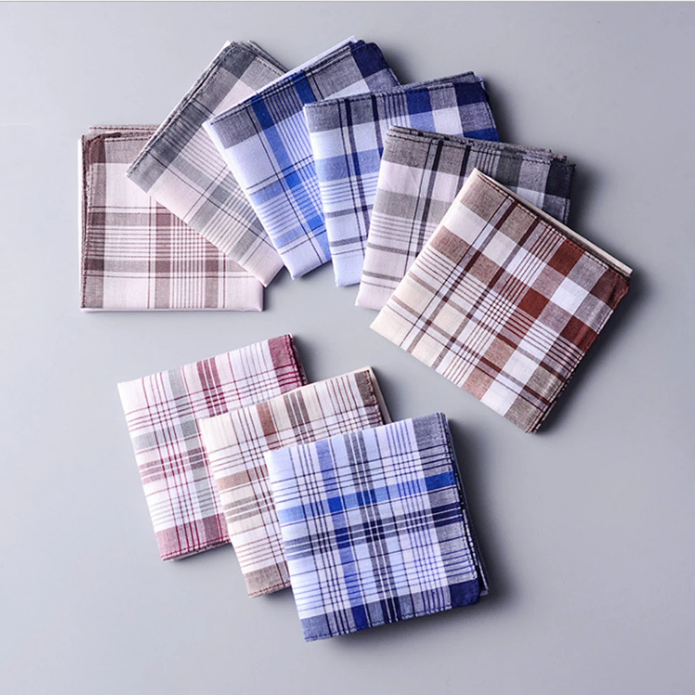 10Pcs/lot SHSEJA Classic Vintage Plaid Stripe Handkerchief Hanky Men Pocket Squares 100% Cotton Business Casual Chest Towel