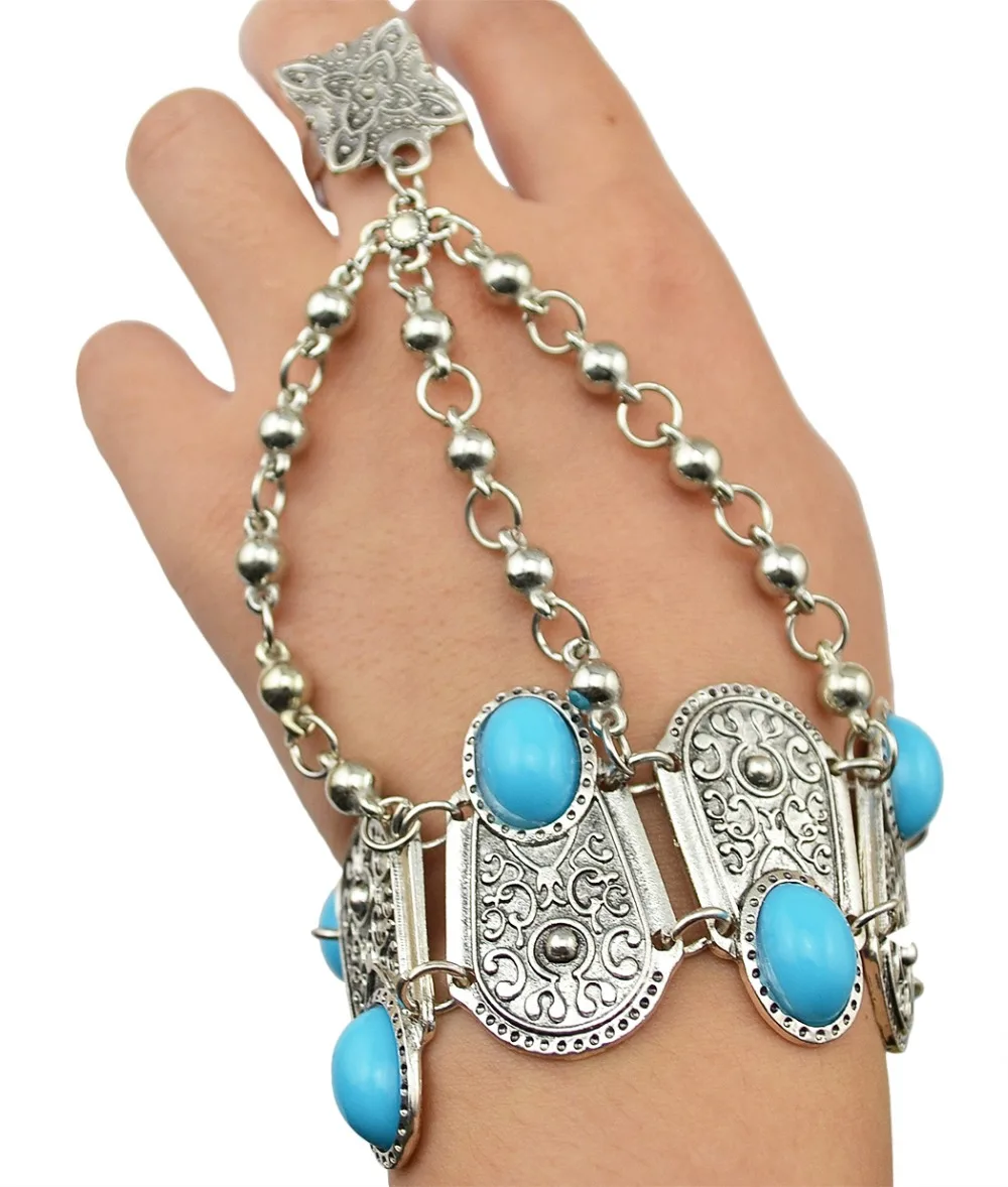 Vintage Finger Bracelet Pulseras Bohemian Gypsy Beach Charm Turkish Coin Pendant Hand Chain Blue Stone Slave Bracelet Bangle