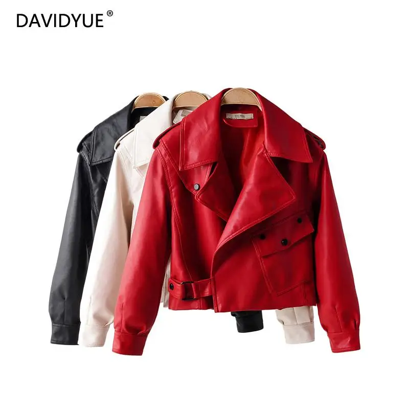 

Pocket red biker jacket women trun down collar black leather jacket casual white PU coat streetwear korean fashion clothes 2021