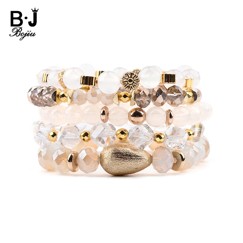 

BOJIU 5 Pcs/Set Multilayer Women Charm Bracelets Faceted Crystal Round Pear Acrylic Copper Nuggets Rondelle Bracelets BCSET249