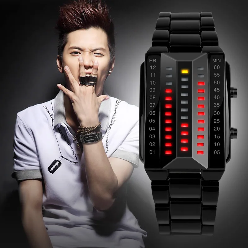 Luxury Men\'s Wristwatch Waterproof Men Fashion Stainless Steel Red Binary Luminous LED Electronic Display Sport Watches SKMEI