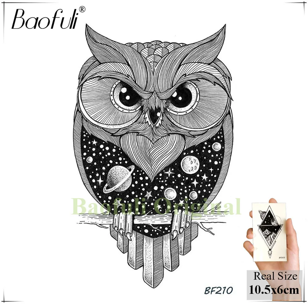 Baofuli Pencil Sketch Owl Cartoon Temporary Tattoo Geometric Art Tattoo Black Waterproof Fake Tattoo Planet Body Arm Women Men