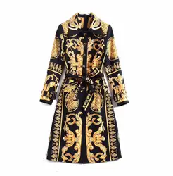 Europese En Amerikaanse Dames 2024 Winterkleding Nieuwe Lange Mouw Fijne Knoop Vintage Print Trenchcoat