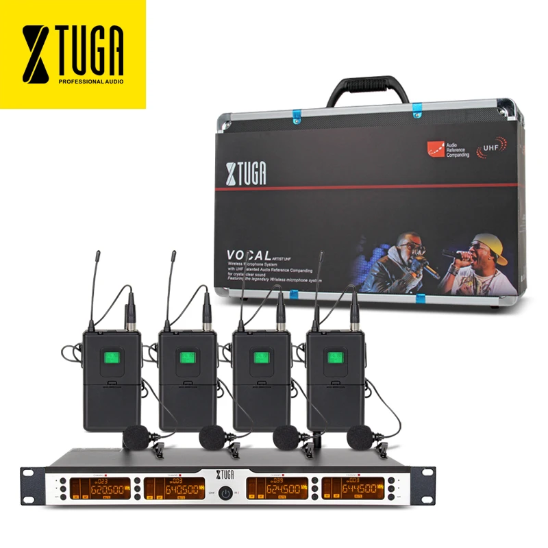 Xtuga skm4000 4*100 canais sem fio sistema de microfones uhf karaoke sistema quatro handheld ou bodypack fase festa em casa