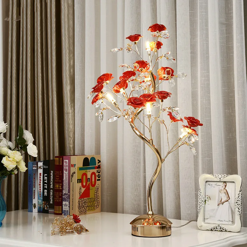 G4 led desk light clear pink Crystal tree Table Lamp Bedroom Living room standing Lamp Wedding Ceramic Flower Lamparas De Mesa